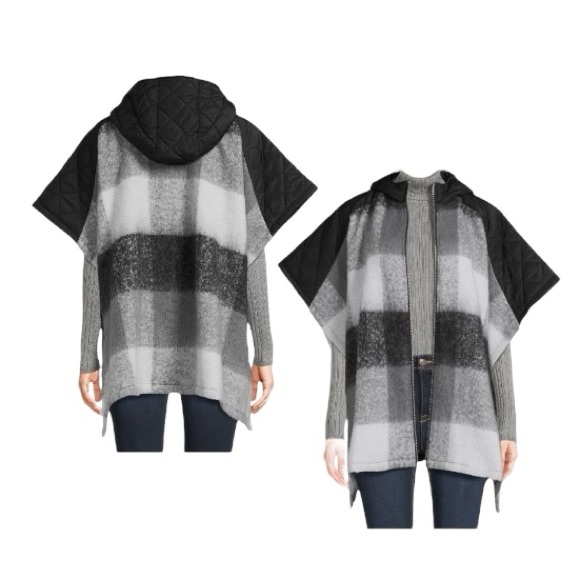 Time And Tru Black Plaid Hooded Zipper Poncho Sweater - Picture 10 of 11